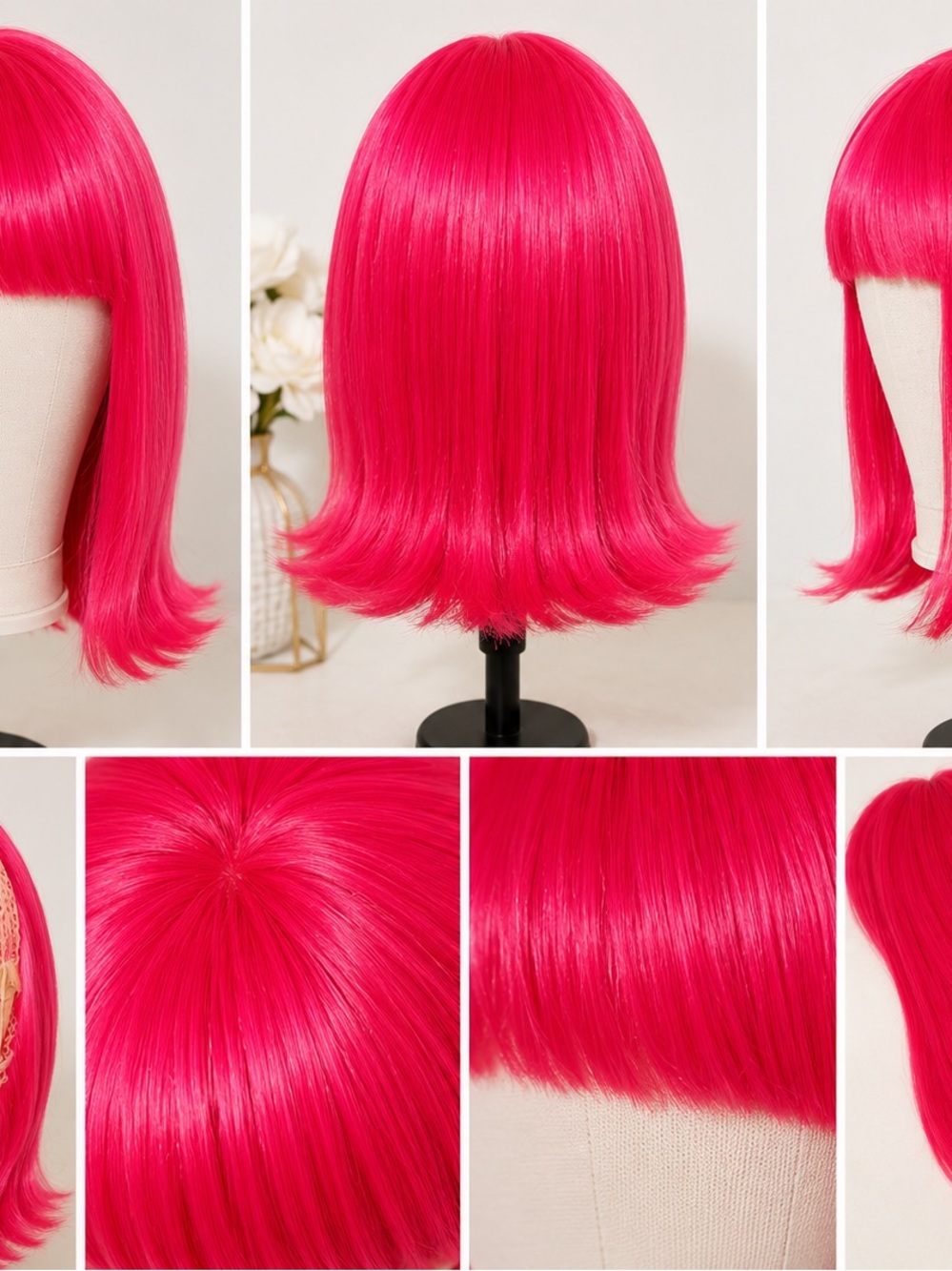 Hot Pink Short Straight Wig with Blunt Bangs - Women Hair